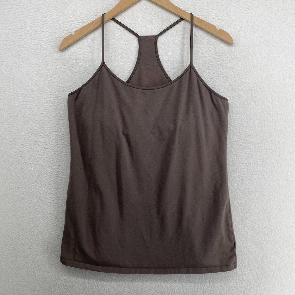 EILEEN FISHER Tank Top L Stretch Organic Cotton Racerback Shelf Bra Brown USA